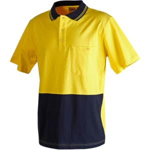 A two-tone safety polo in bright yellow and navy blue, featuring a pocket and a logo.