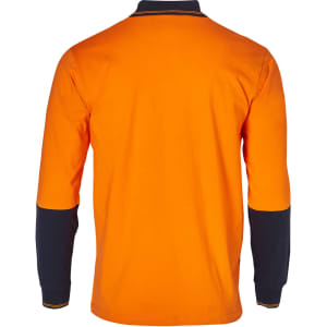A long-sleeved safety polo in orange with navy blue sleeves, featuring a collar and a logo on the chest.