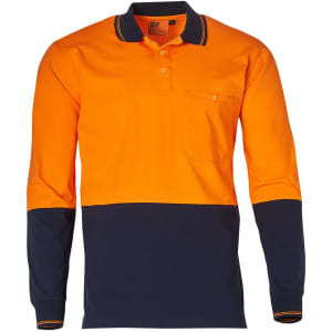 A long-sleeved safety polo in orange and navy blue, featuring a pocket and a logo on the collar.
