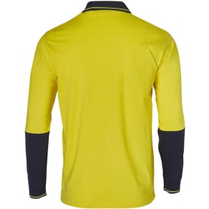 A long-sleeved safety polo in hi-vis yellow with navy blue sleeves and collar, featuring a logo.