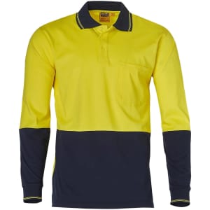 A long-sleeve safety polo in hi-vis yellow and navy blue, featuring a collar and a front pocket. Includes a logo.