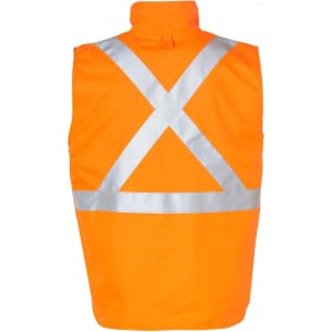 A bright orange reversible safety vest featuring an X-pattern of silver reflective tape on the back.