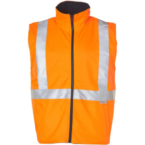 A reversible safety vest in bright orange with reflective silver 3M tapes and a zippered front.