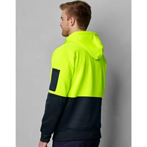 A high-visibility two-tone hoodie in bright yellow and navy, featuring a kangaroo pocket and a brand logo.