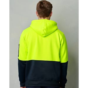 A hi-vis two-tone kangaroo pocket hoodie in bright yellow and navy, featuring a hood and a side zip pocket.