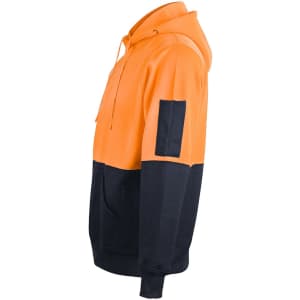 A two-tone kangaroo pocket hoodie in high-visibility orange and navy, featuring a logo on the arm.