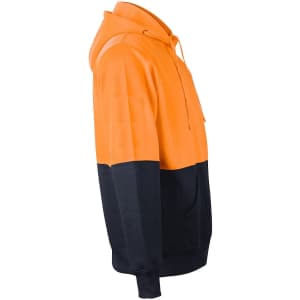 A hi-vis two-tone hoodie featuring an orange upper and navy lower section, with a kangaroo pocket and a hood.