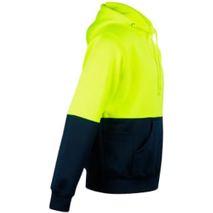 A high-visibility two-tone hoodie featuring a bright yellow upper and a navy blue lower section, with a kangaroo pocket and a logo.