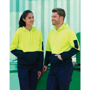 Hi-Vis two-tone kangaroo pocket hoodie in bright yellow with navy accents, featuring branding on the sleeve.