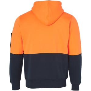 A two-tone kangaroo pocket hoodie featuring bright orange and navy blue colours, with a hood and a side pocket.