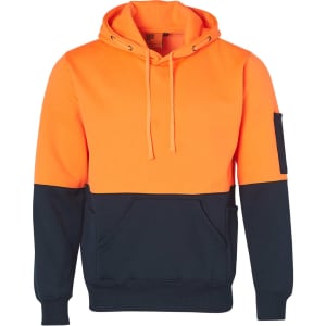 A two-tone hoodie featuring a bright orange upper section and a navy lower section, with a kangaroo pocket and a logo.