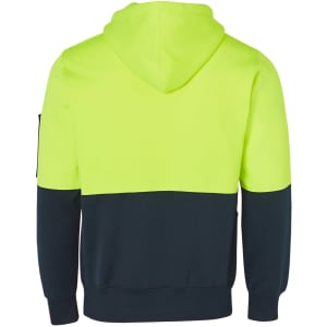 A Hi-Vis two-tone hoodie in fluorescent yellow and navy, featuring a hood and kangaroo pocket, with a logo on the sleeve.