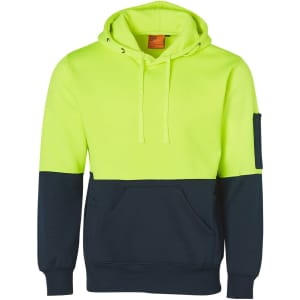 A high-visibility two-tone hoodie featuring a bright yellow upper and navy blue lower section, with a kangaroo pocket.