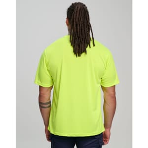 A bright yellow safety tee with a simple design, featuring a logo on the back. Suitable for high-visibility workwear.