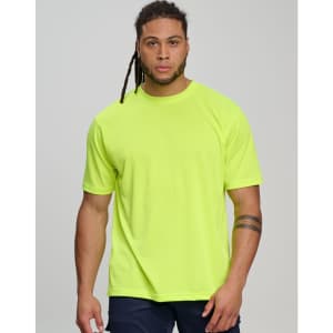 A bright yellow short-sleeved safety tee worn by a model, featuring a simple design and a logo.