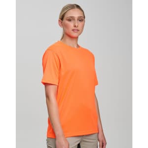A bright orange Hi-Vis safety tee made from Cooldry material, featuring a simple design and short sleeves.