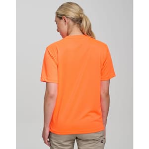 A high visibility orange safety tee with a simple design, featuring a logo on the back.