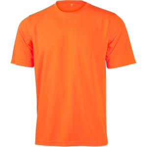 A bright orange short-sleeved safety tee featuring a logo, made from Cooldry Hi-Vis material.