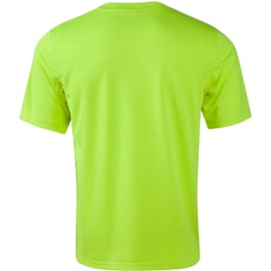 A fluorescent yellow safety tee with a simple design and a logo, featuring a back view.