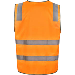 A safety vest in bright orange with reflective stripes, designed for visibility and safety. Features a logo.