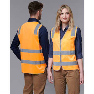 A fluorescent orange safety vest with reflective stripes, shown worn by two models from front and back.