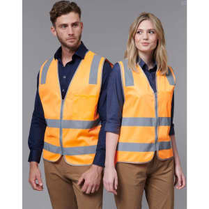 Two individuals wearing bright orange safety vests with reflective stripes, one male and one female, against a neutral background.
