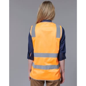 A safety vest in bright orange with reflective grey stripes, featuring a plain back and a casual fit.