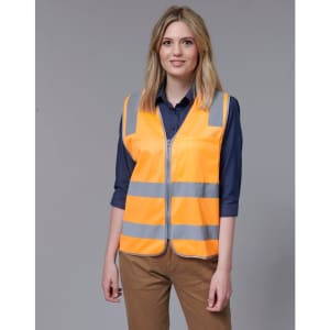 An orange safety vest with reflective stripes, featuring a front zipper and a branding logo.