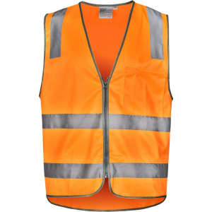 An orange safety vest with reflective silver strips and a front pocket, featuring a zip closure.