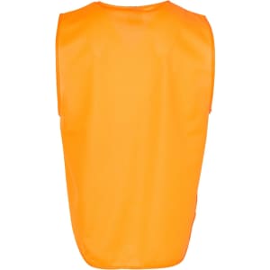 An orange safety vest with a sleeveless design, featuring an ID pocket and a logo.