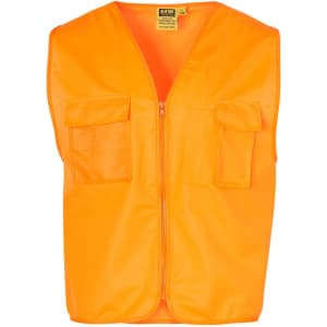An orange Hi-Vis safety vest featuring two front pockets and a zip closure, with a logo displayed.