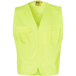 A bright yellow high-visibility safety vest featuring multiple pockets and a front zipper, with a logo.