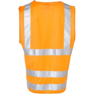 An orange hi-vis safety vest featuring reflective silver tape and an ID pocket, designed for safety wear.