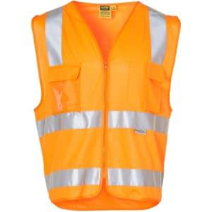 An orange hi-vis safety vest featuring reflective tapes and an ID pocket. Includes a branded logo.