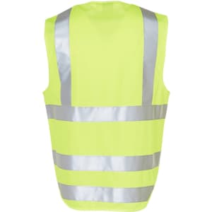 A bright yellow safety vest featuring reflective silver tapes and an ID pocket on the back.