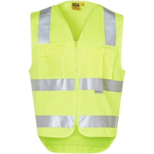 A bright yellow safety vest with reflective silver tapes and multiple pockets, featuring a logo.