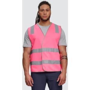 A bright pink safety vest with reflective shoulder tapes, featuring a plain design and worn by a male model.