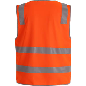 An orange safety vest featuring shoulder reflective tapes, designed for visibility and safety. Includes a logo.