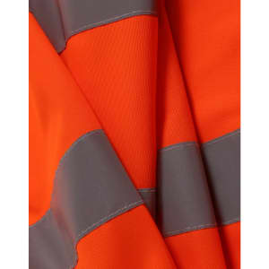 An orange safety vest with grey reflective shoulder tapes, showcasing its bright, high-visibility fabric.