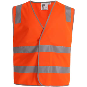 An orange safety vest featuring shoulder reflective tapes and a logo. Suitable for safety wear.