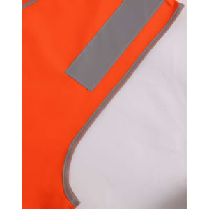 An orange safety vest featuring grey shoulder reflective tape and a grey trim. It has an included branding logo.