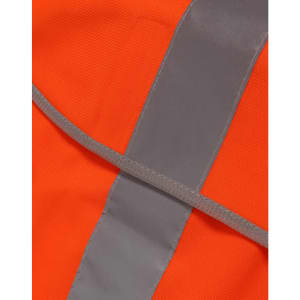 Bright orange safety vest with grey reflective shoulder tapes, featuring a fabric texture and a simple design.