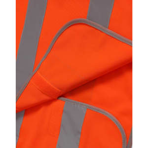 An orange safety vest featuring grey shoulder reflective tapes and a pocket detail.