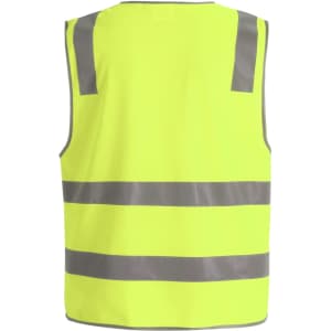 A bright yellow safety vest featuring grey shoulder reflective tapes, designed for visibility and safety.