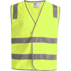A bright yellow safety vest featuring grey shoulder reflective tapes and a front opening. It includes a logo on the label.