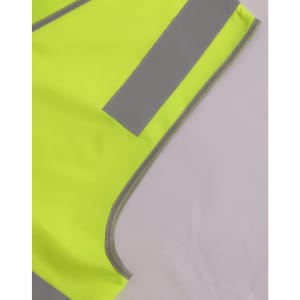 A bright yellow safety vest featuring reflective shoulder tapes and a logo.