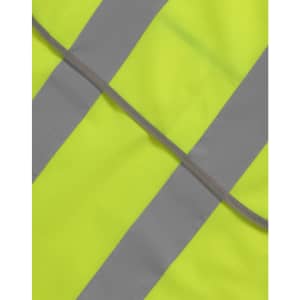 A bright yellow safety vest featuring grey reflective shoulder tapes, along with a logo.