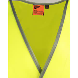 A bright yellow safety vest with reflective shoulder tapes and a grey trim, featuring a logo label.