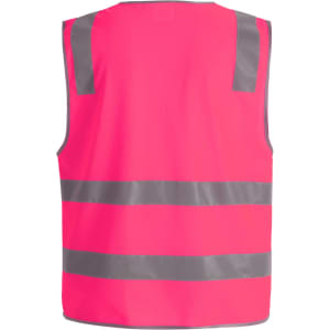 A bright pink safety vest with grey shoulder reflective tapes, designed for high visibility and safety.