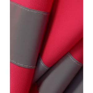 A hi-vis safety vest in bright red with grey shoulder reflective tapes, featuring a textured fabric.